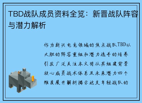TBD战队成员资料全览：新晋战队阵容与潜力解析